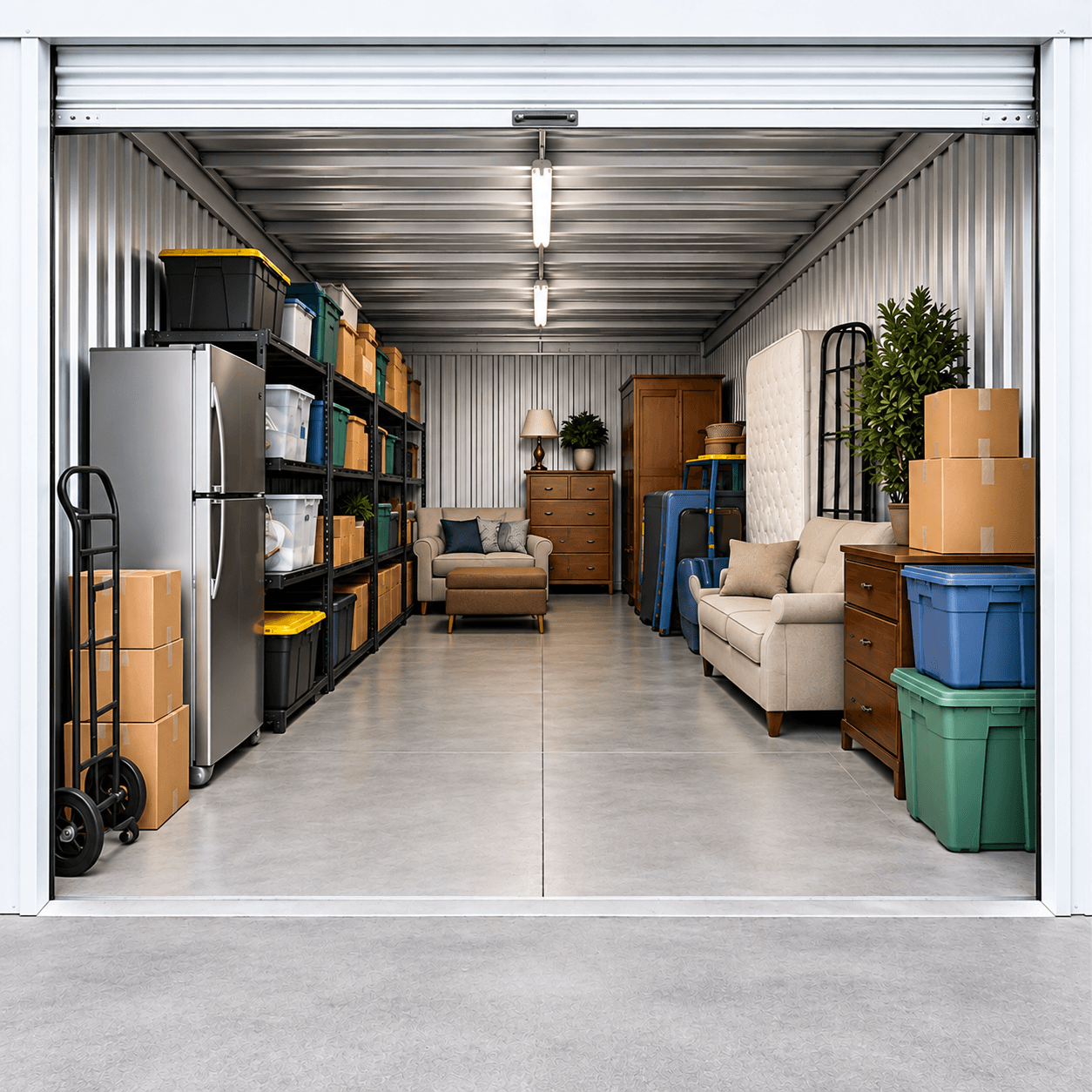 Open storage unit with shelving, boxes, and furniture neatly arranged inside